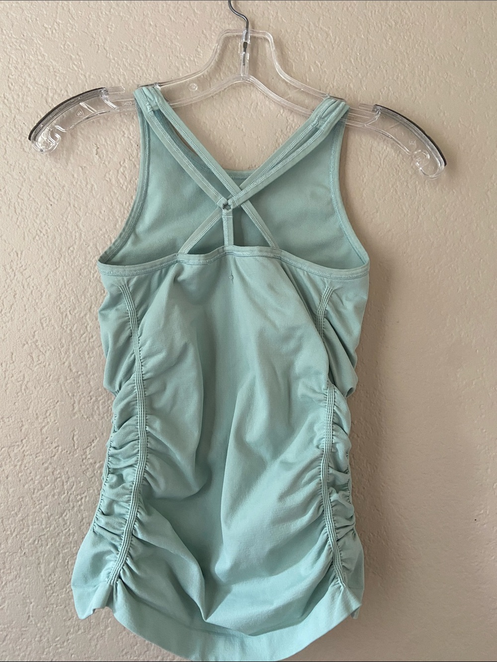 Light Aqua Nux tank with ruched sides, crisscross straps on back, size S. - Picture 2 of 12